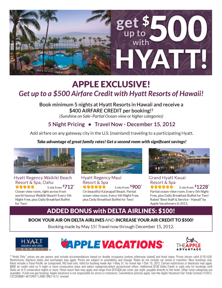 Hyatt Resorts Hawaii $500 Air Credit